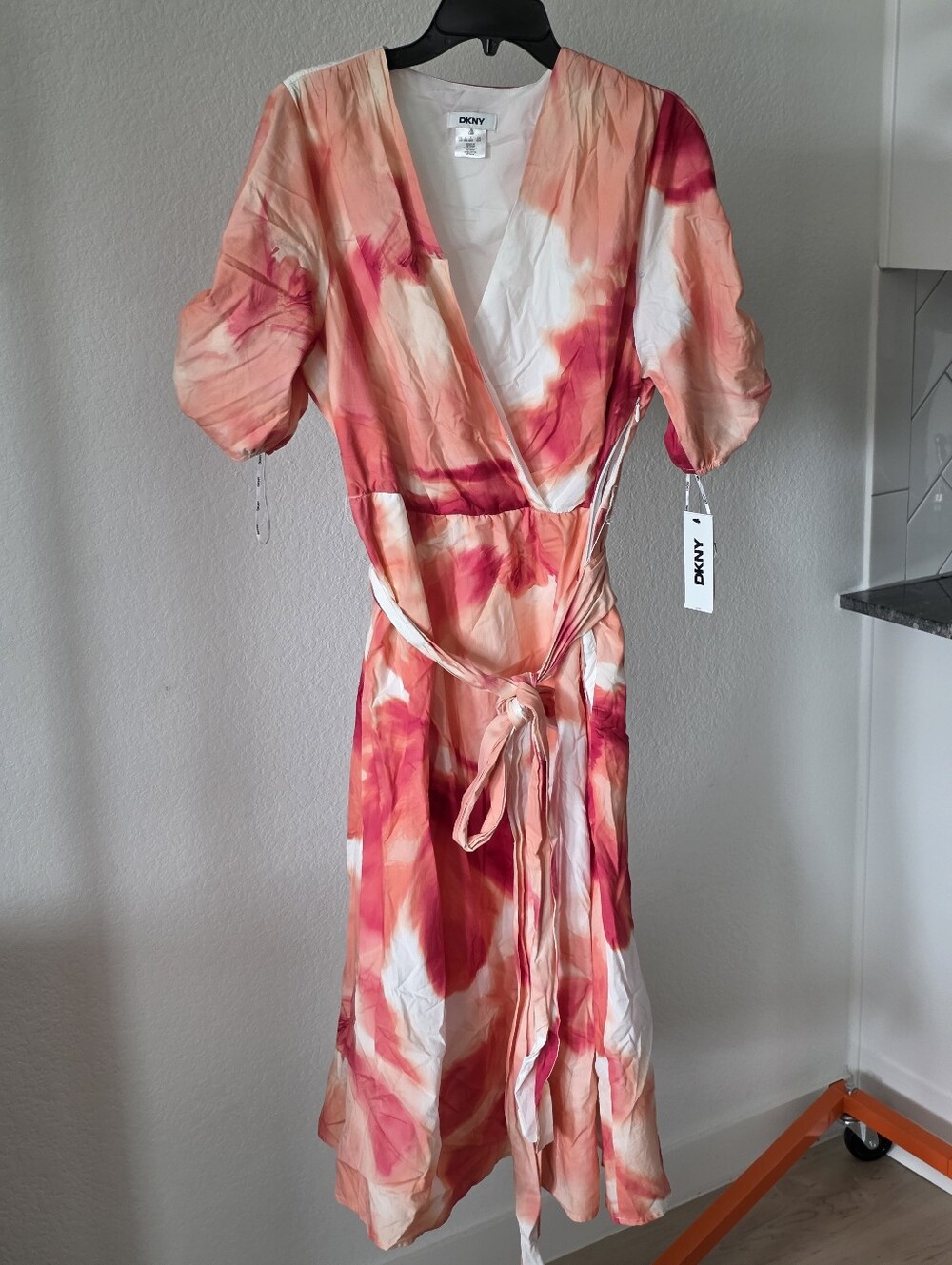 DKNY Petite Watercolor Floral Midi Dress Size 10P Pink Orange 100% Cotton Belted - Picture 3 of 10